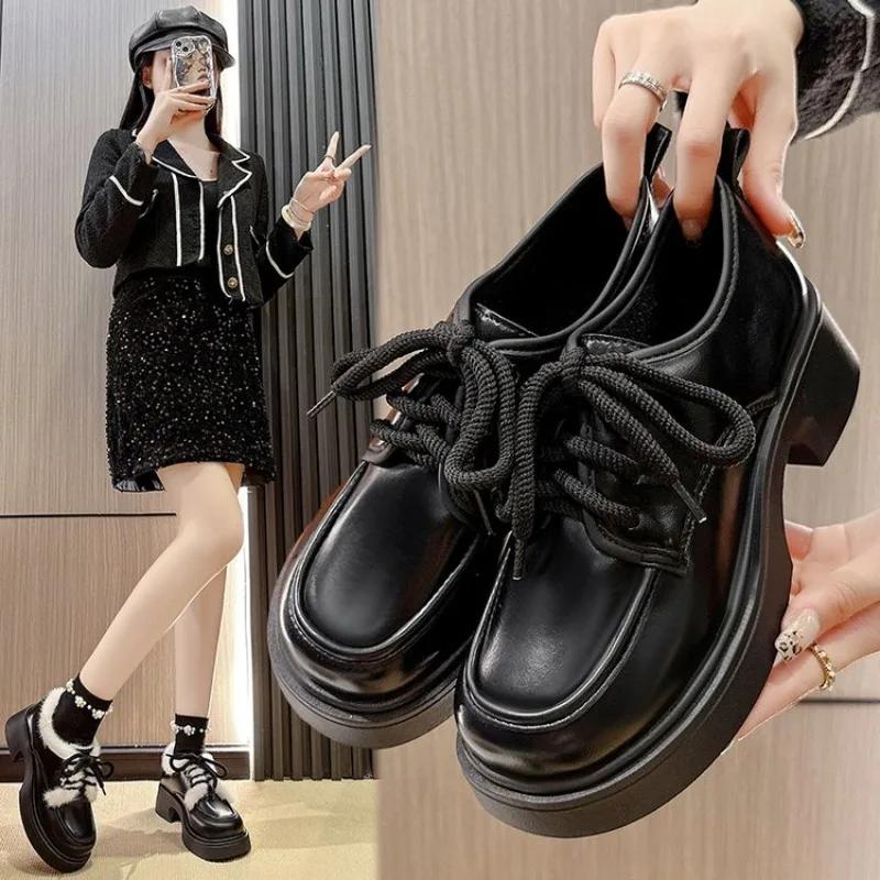 Solid Leather Oxford Shoes for Women Fashion Lace Up Women Shoes Square Mid Heels Platform Shoes Zapatos De Mujer