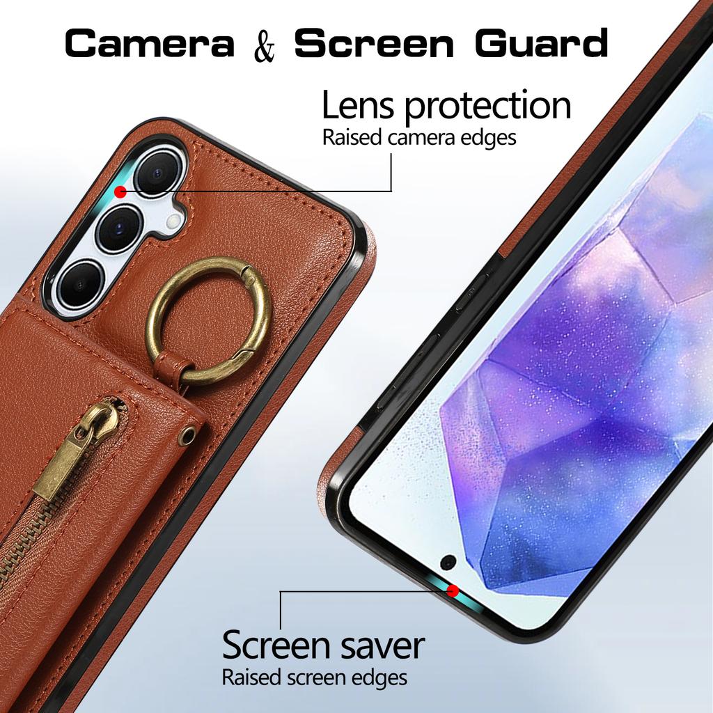 For Samsung Galaxy A16 4G Leather Back Cover Zipper Wallet Kickstand Phone Case with Shoulder Strap