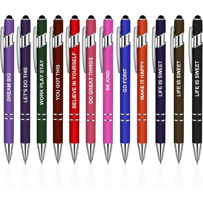 12 Pcs pirational Ballpoint Pens Motivational Ballpoint Pen with Stylus Tip Motivational Black Ink Retractable Quotes Pen for Teachers Office School