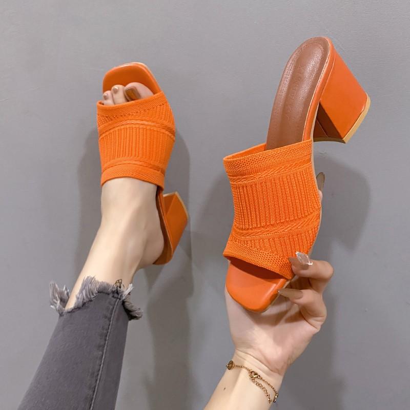 Fashion Summer New Coarse Slippers Women's Square Head Shallow Mouth Mesh Cloth Breathable Open Toe Non-slip Sandals