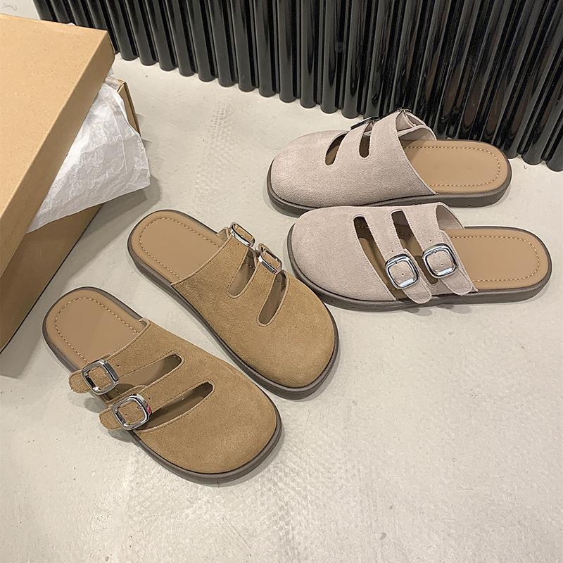 Fashion New Women's Shoes Slip on Female Flats Durable Belt Buckles Mules Fashion Wear Resistant Women Half Slippers Retro Zapatos Mujer