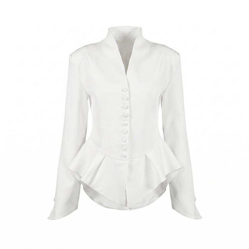 Elegant White Fitted Blazer Women 2026 Fall Winter Stand Collar A-line Hem Formal Outerwear