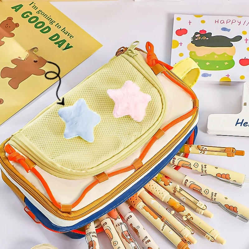 Cute Multi Layer Large Capacity Pencil Case for Kids Girl Five Point Star Stationery Organizer Students Portable Pen Bag