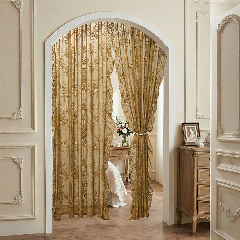 Retro Elegant Princess Style Lace Valance French Nordic Pastoral Creamy Vintage Floating Curtain Transparent Tulle Rural Curtain