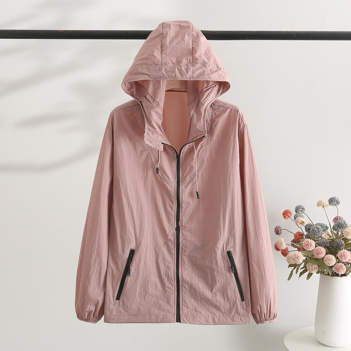 

Женская летняя рубашка-солнцезащита большого размера с тонкими секциями и капюшоном, свободная повседневная куртка на молнии с длинными рукавами L розовый