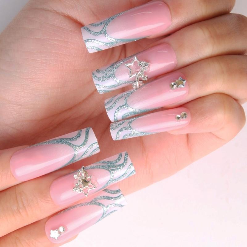 

24 Pcs French Tip Press On Nail Ballerinas False Nail Full Cover Stick On Nail with Rhinestones Star Acrylic Nail 1
