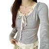 Women's Stylish White Slim Fit Long Sleeve Faux Two-Piece Top for Early Autumn