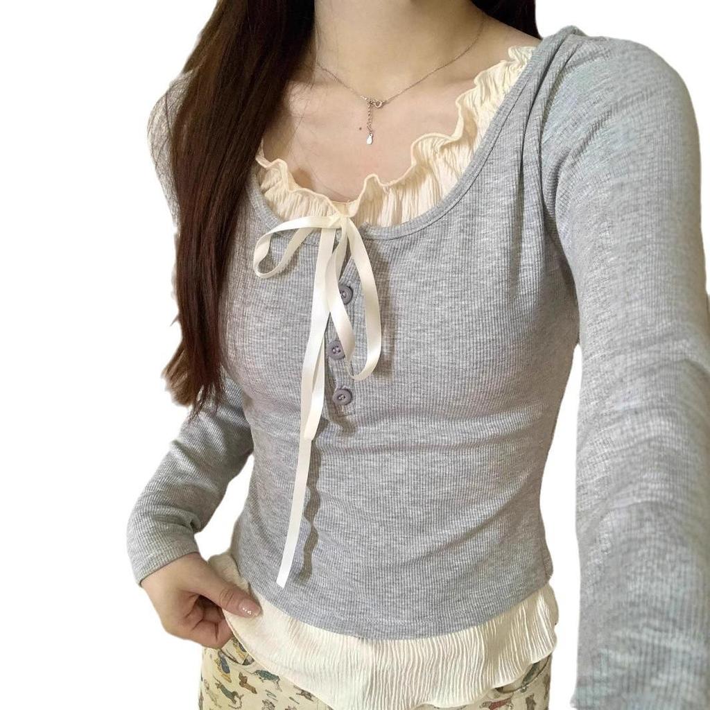 Women's Stylish White Slim Fit Long Sleeve Faux Two-Piece Top for Early Autumn
