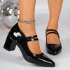 Women Chunky Heels Shoes Strap Pumps Women Elegant Patent Leather High Heels Party Shoes Square Toe Double Ankle