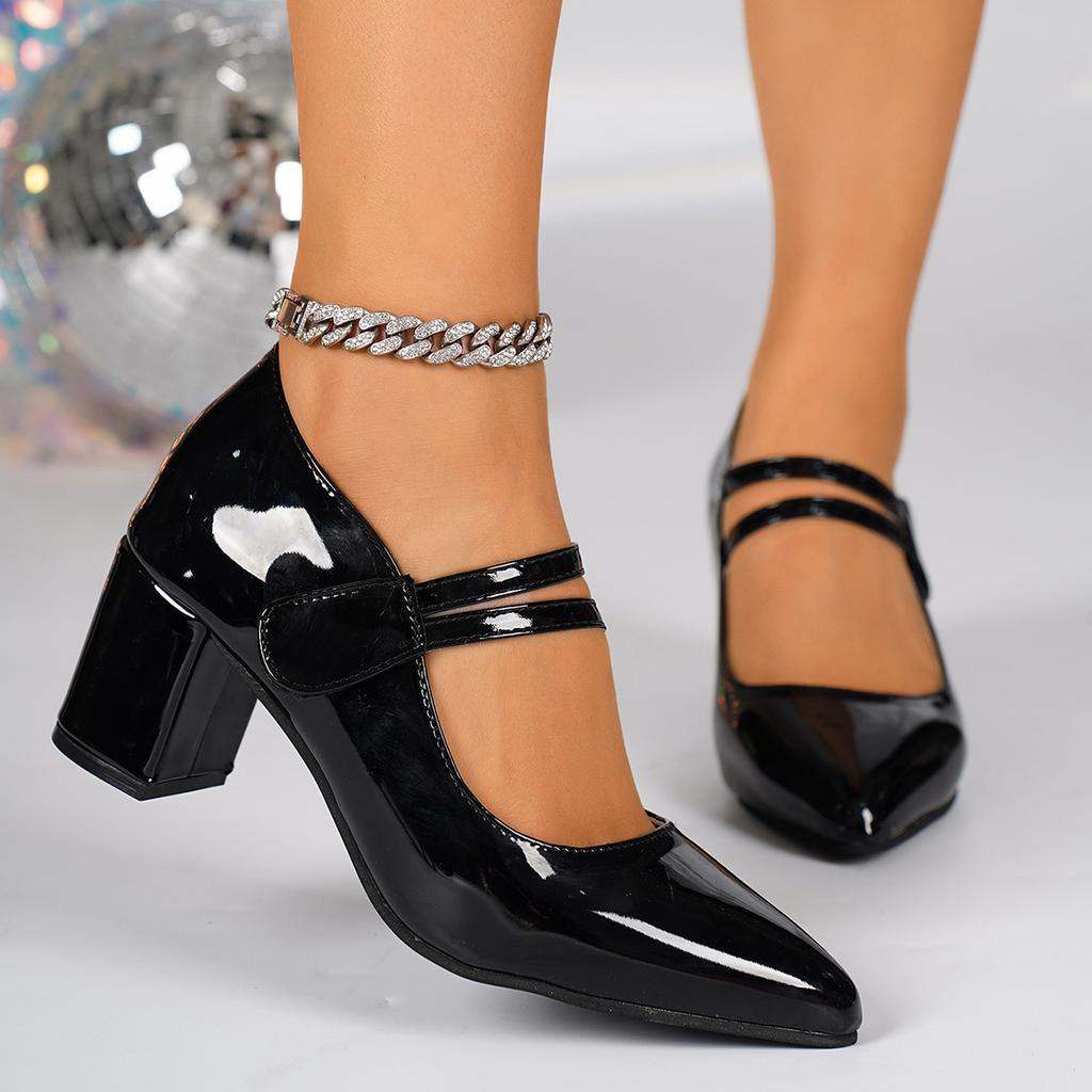 Women Chunky Heels Shoes Strap Pumps Women Elegant Patent Leather High Heels Party Shoes Square Toe Double Ankle