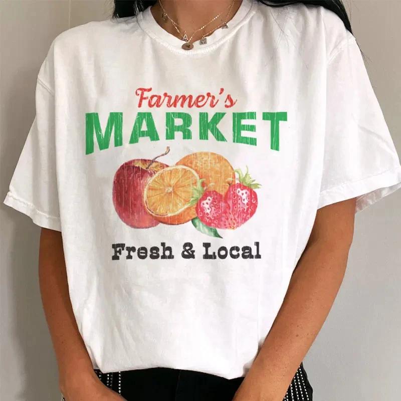 Vintage Farmers Market Fruit Printed TShirt Womens Cute Pattern TShirt Womens Cottagcore Aesthetic Strawberry Cotton Shirt