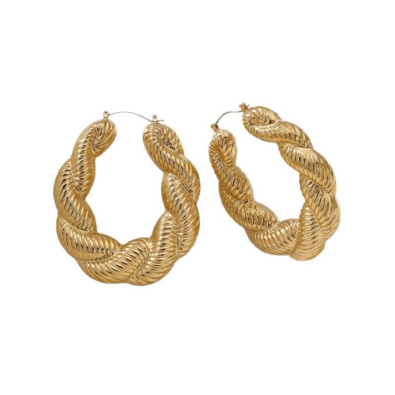Rough woven twisted flower circle earrings retro and old gold twist personalized versatile earrings