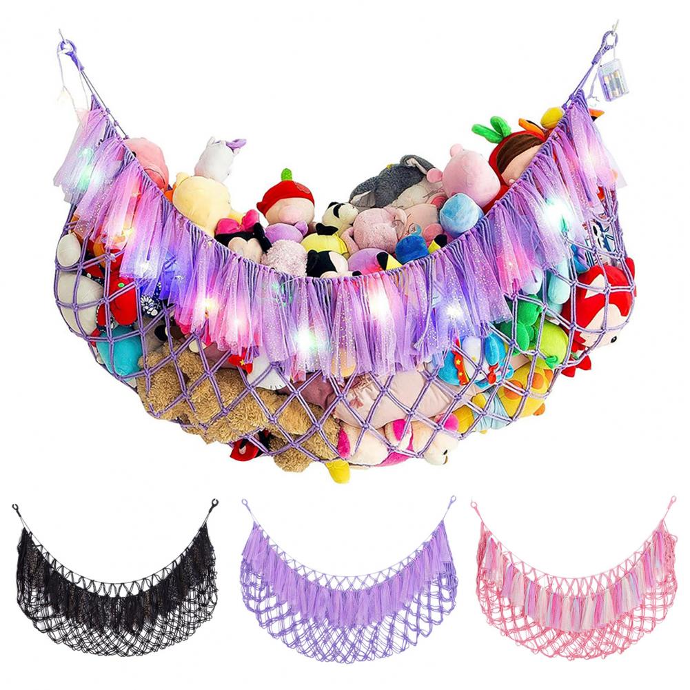 Rete Imbottita Rete Imbottita Amaca portaoggetti Capacità Rete portaoggetti da parete per giocattoli con Luci a filo Design con nappe Stanza dei giochi per peluche