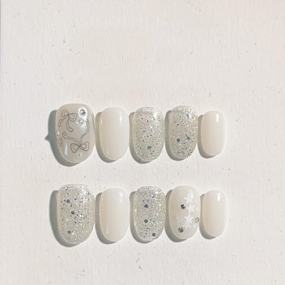 Handmade Cat Eye Short Square Oval Press On Nails With Bowknot Pearl Diamond Flower Star Decor Detachable Full Cover