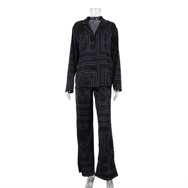 

Women s Letter Printed Satin Lapel Long Sleeve Shirt Elastic Waist Long Pants Casual Two Piece Loungewear Set S чёрный