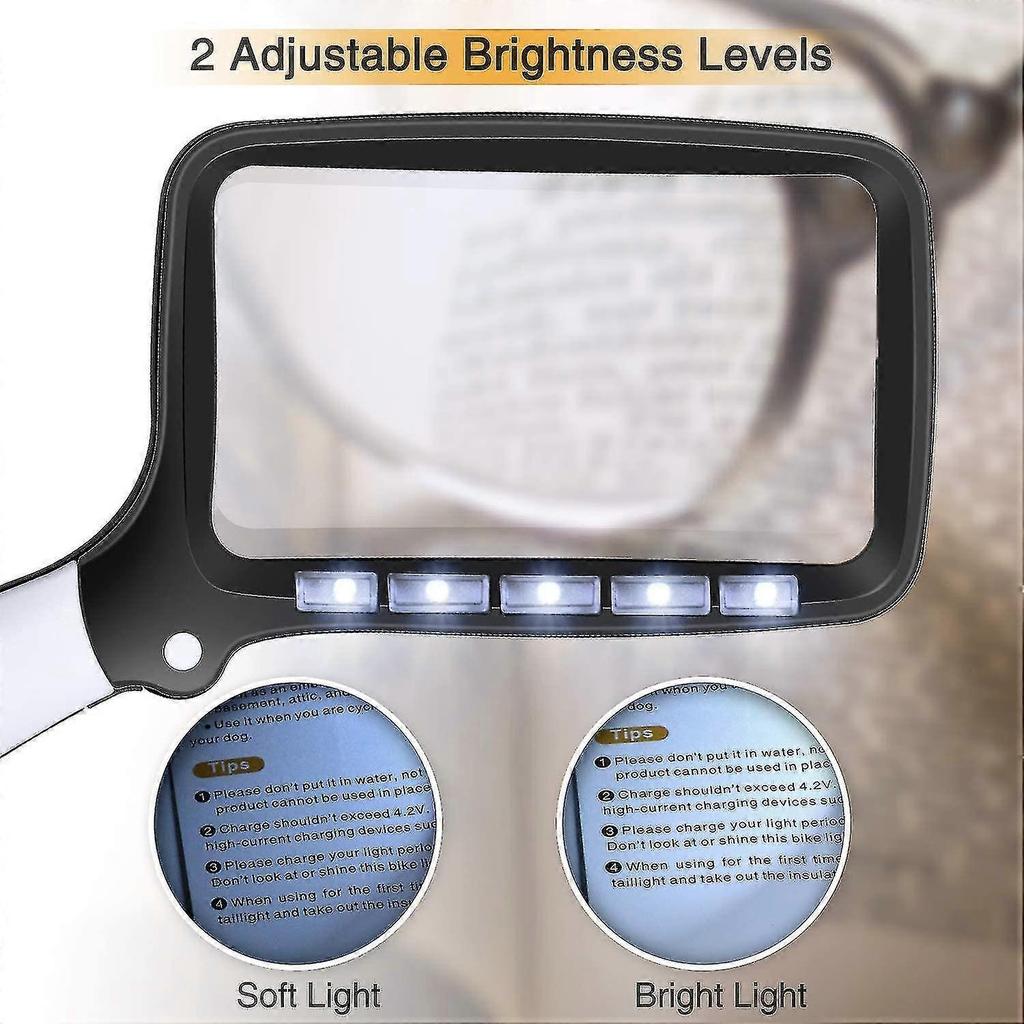 Rectangular Reading Magnifier With 5 Led Lights, 2 Intensity Modes And 2x Magnification