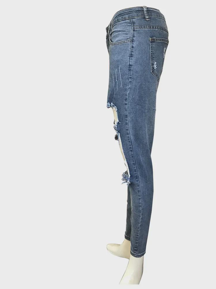 2024 Early Spring European & American Internet Celebrity Casual Ripped Denim Pants with Fishnet Stockings for Women.