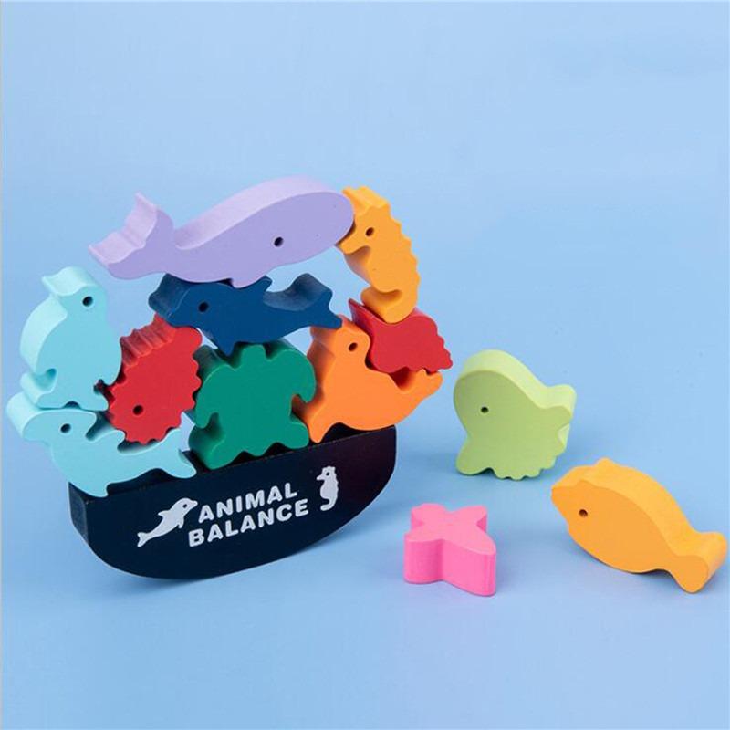 Montessori Wooden Balance Blocks Toys For Children Animal Dinosaur Building Stacking High Board Games Wood Toy Boys Kids Gift