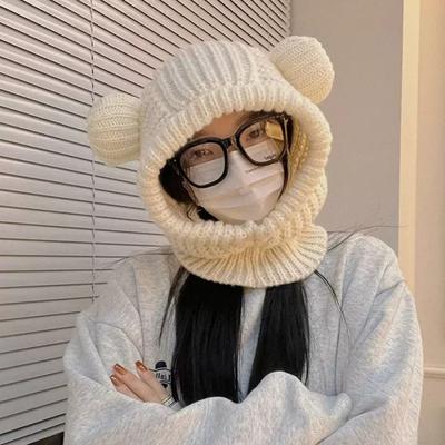 Bear Ears Hat Scarf Integrated Hat Women's Winter Versatile Ear Protector Balaclava Hat Knitted Wool Hat Tide