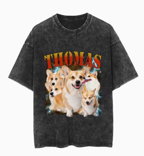 Black Vintage Wide Tide Brand Washed Distressed Design Corgi Puppy Print Tshirts S