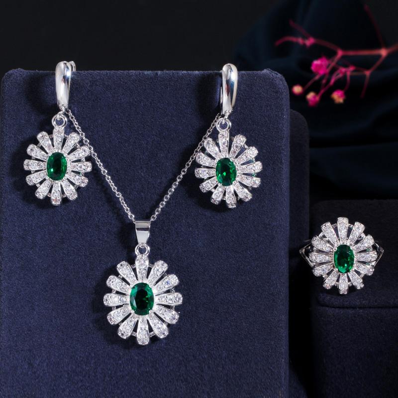 

WWJ корейский дизайн кубический циркон солнечный цветок кольцо серьги кулон ожерелье комплект из 3 предметов 9 изумрудный