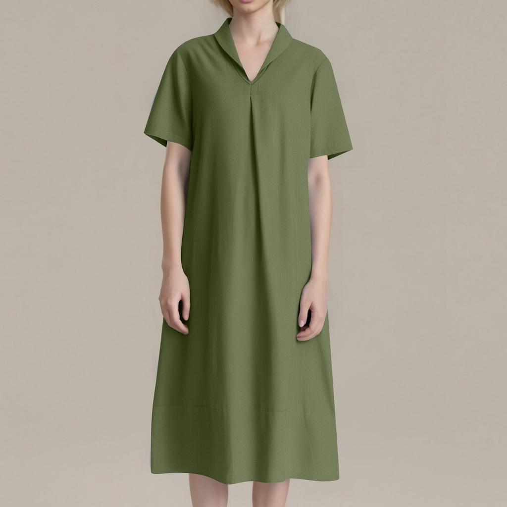 Women's Summer Casual Midi Short Sleeve Dresses Solid Color V-Neck Beach Vacation Dresses