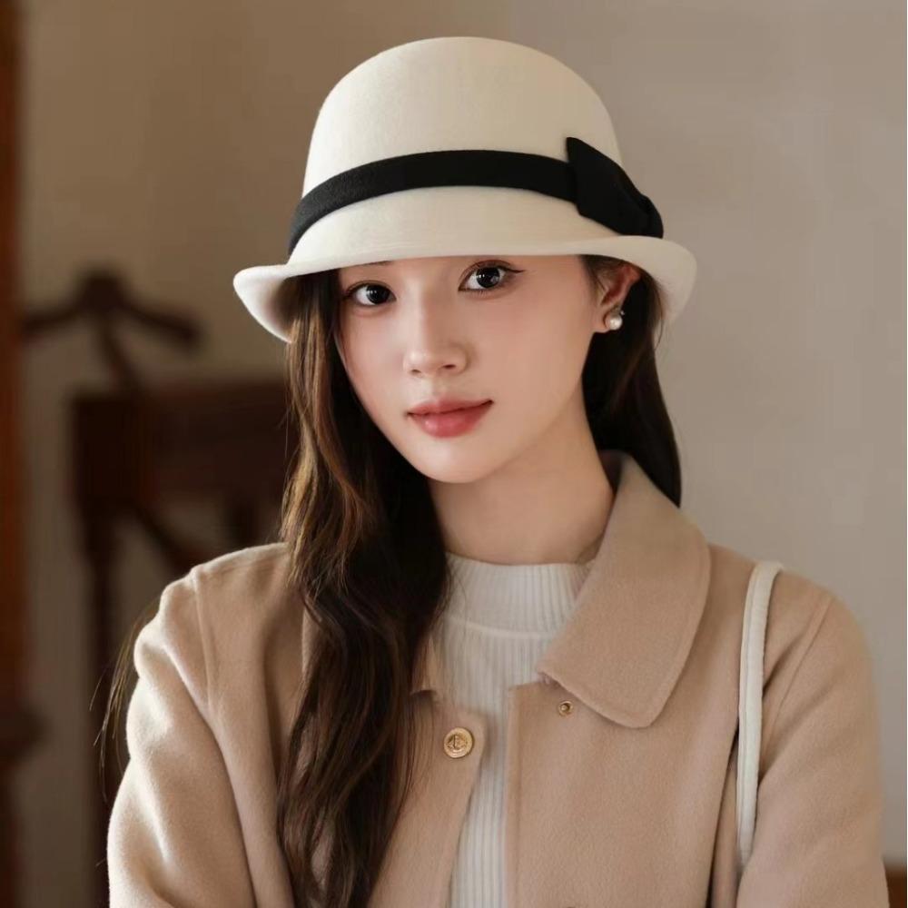 Hepburn wind warped edge small brim wool small pot hat bow decoration British versatile top hat autumn and winter bucket hat women