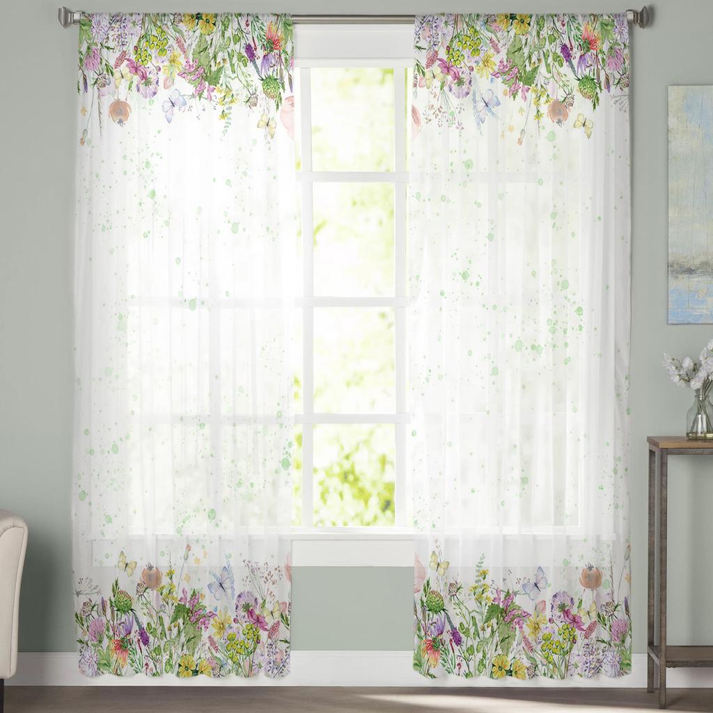 Frühlingsblumen Chrysantheme Voile Transparente Vorhänge für Wohnzimmerfenster Chiffon Tüll Vorhang Küche Schlafzimmer Drapierungen Heimdekor