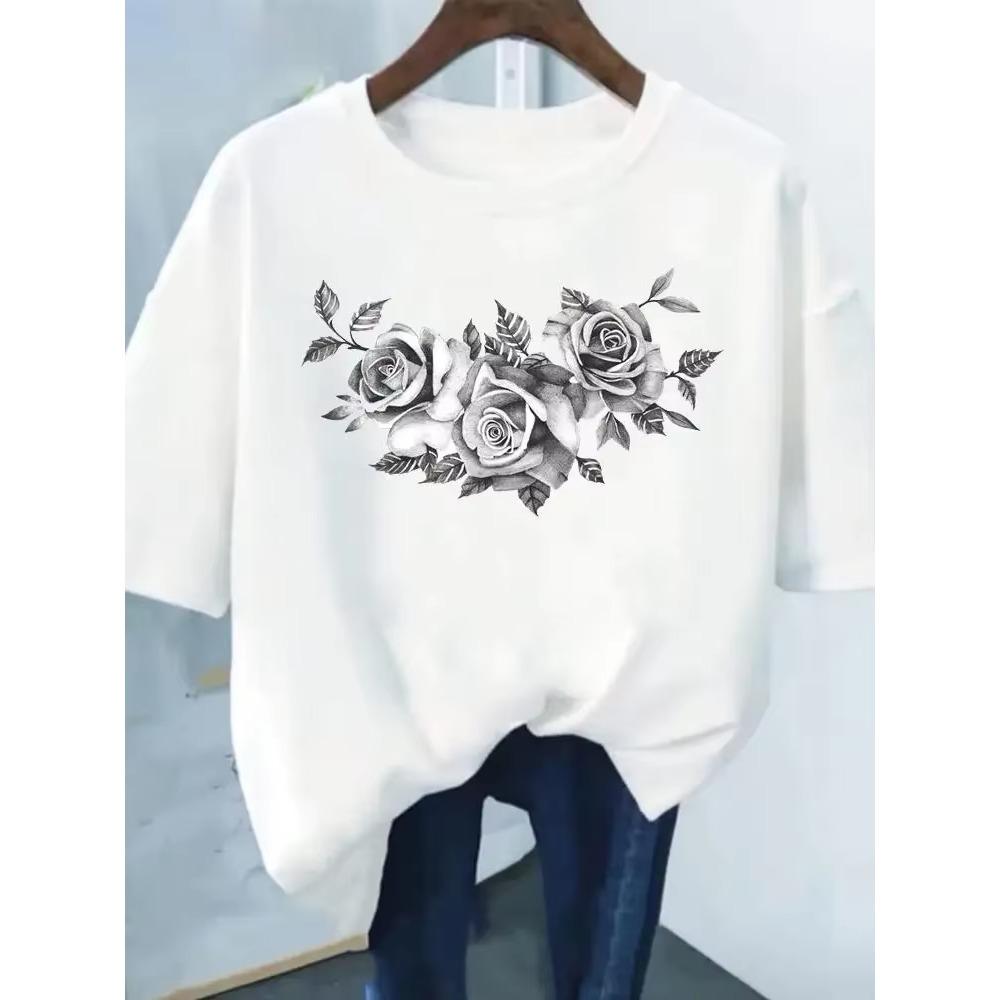 Flower Print Fashion Plant Trend Lovely print ladies T-shirt casual basics O-collar Black shirt short sleeve ladies T-shirts