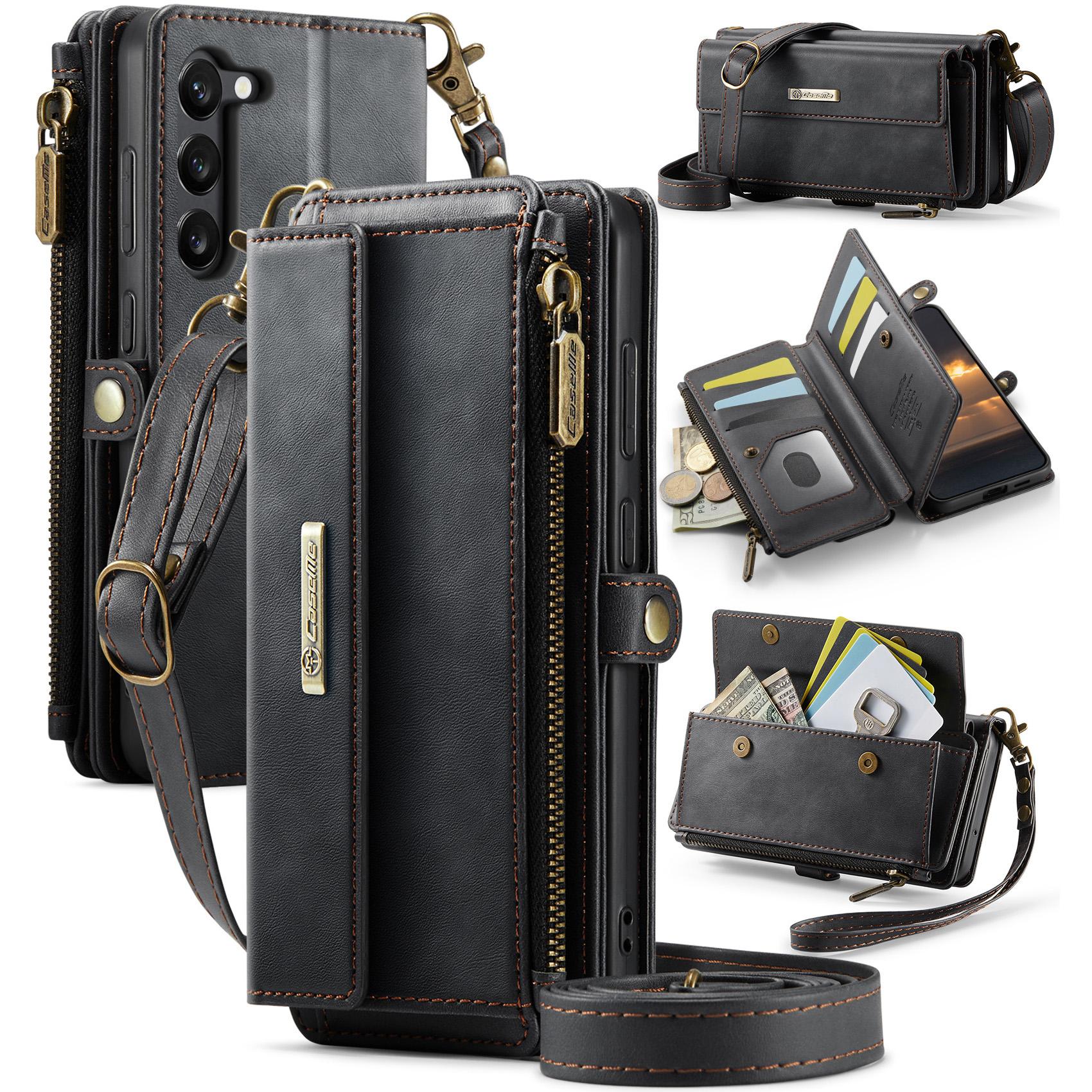 

For Samsung Galaxy S23 Case CASEME C39 RFID Blocking Zipper Wallet Stand Leather Cover with Strap Black