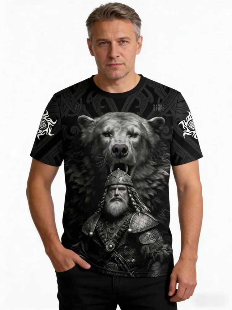 Men's Black and White Norse Graphic Tee, Viking Warrior and Bear with Slavic Runes, All-Over Tribal Print, Casual Short Sleeve