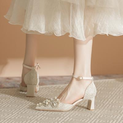 French Style Baotou Hollow Sandals for Women's New Pointed Single Shoes Women's Thick Heels Not Tiring Feet, High Heels