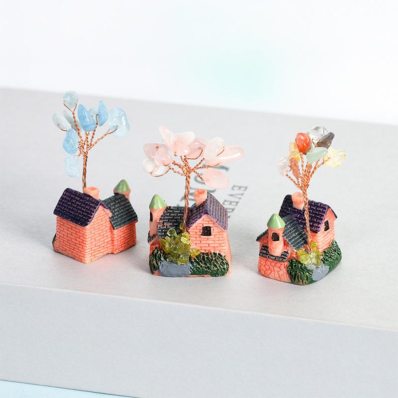 Crystal Mini House Ornament Decorative Crafts Natural Crystal Tree Crushed Stone Wealth Tree Cabin Garden Home Decoration