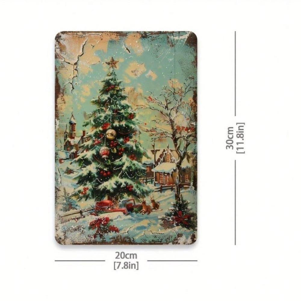 2D Vintage Christmas Tree Snow Village Metal Tin Sign 8x12 Inch Holiday Wall Decor Aluminum Craft Pre Drilled Holes For Home Bar Cafe Garage