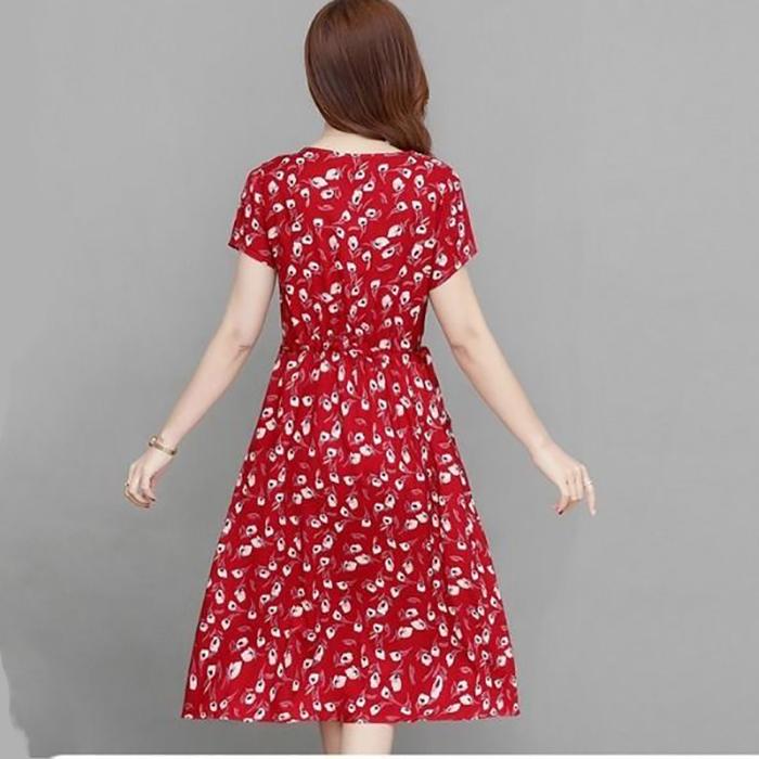 Sommerliches mittellanges, bedrucktes, florales Overknee-Kleid in Übergröße, Rundhalsausschnitt, kurze Ärmel, elastische Taille