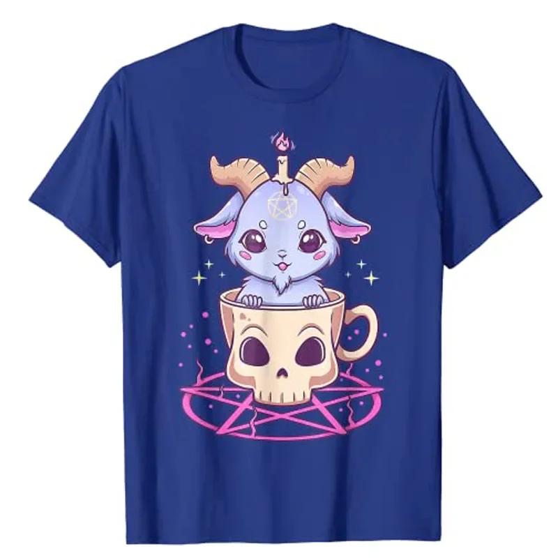 Kawaii Pastel Goth Niedlich Gruselig Pentagramm Baphomet Ziege T-Shirt Anime Manga Liebhaber Grafik T-Shirt Ästhetische Kleidung Halloween Kostüm