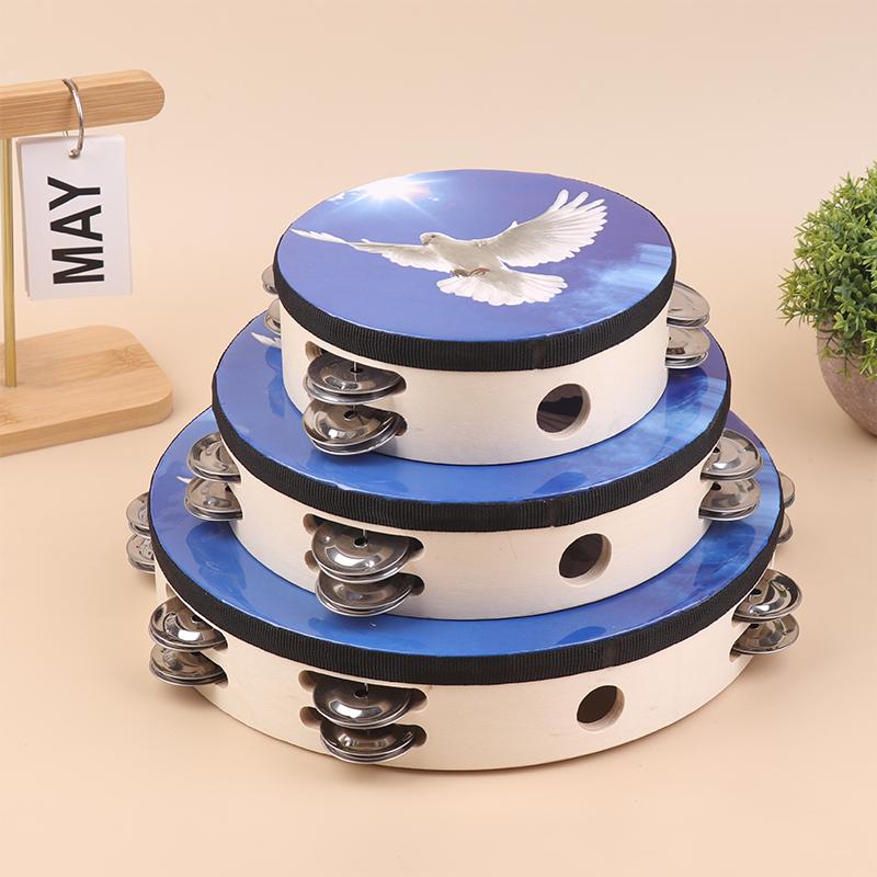 Wood Tambourine Hand Crank Drums Double Row Metal Jingles Stainless Steel Percussion Musical Instrument Orff Tambourine