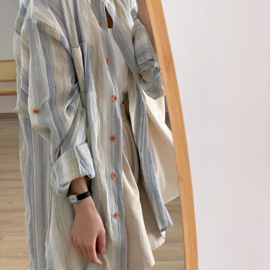 Women's Striped Hong Kong Style Long Sleeve Shirt - Sun Protection, Retro Thin Jacket for Spring/Summer