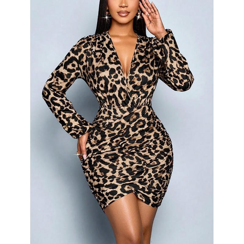 2026 New European and American Leopard Print Print Chest Wrap Sexy Deep V Slim Fashion Elegant Long-sleeved Dress