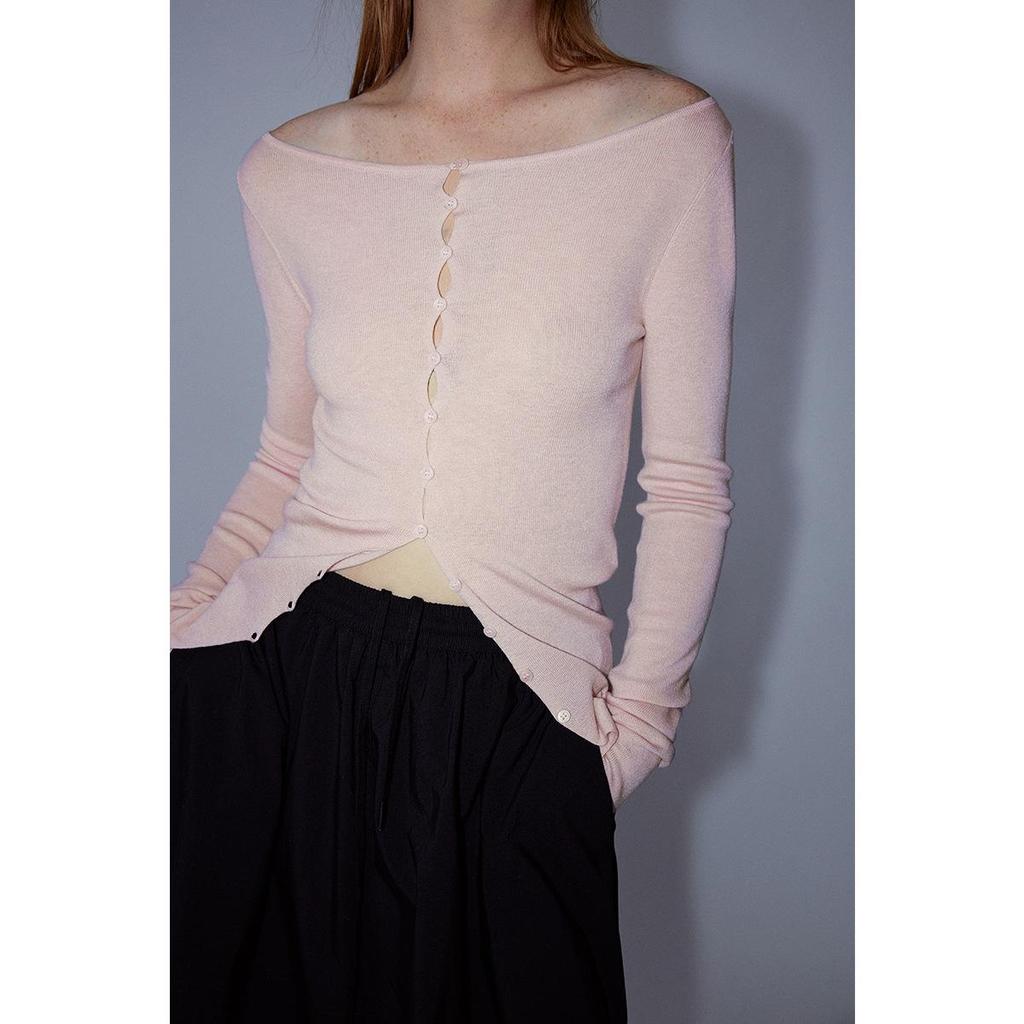 [Shi Shi] Women's Slim Fit Wool Cardigan - Boat Neck, Single-Breasted, Long Sleeve, Slightly Elastic, V8141
