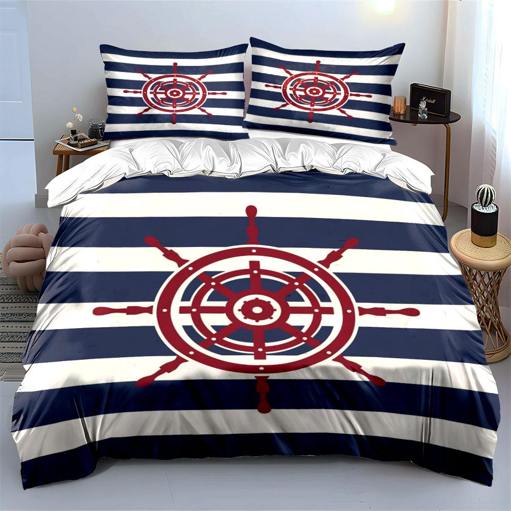 Nautical wheel and stripes. Bedding sets Duvet cover sets Duvet covers Pillowcases(1*Duvet Cover 2*Pillowcases without duvet insert)