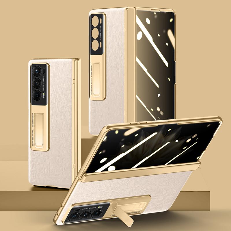 

For Honor Magic V2 5G Electroplating PU Leather Coated PC Phone Case Hinge Protection Kickstand Cover with Anti-spy Tempered Glass Film Gold