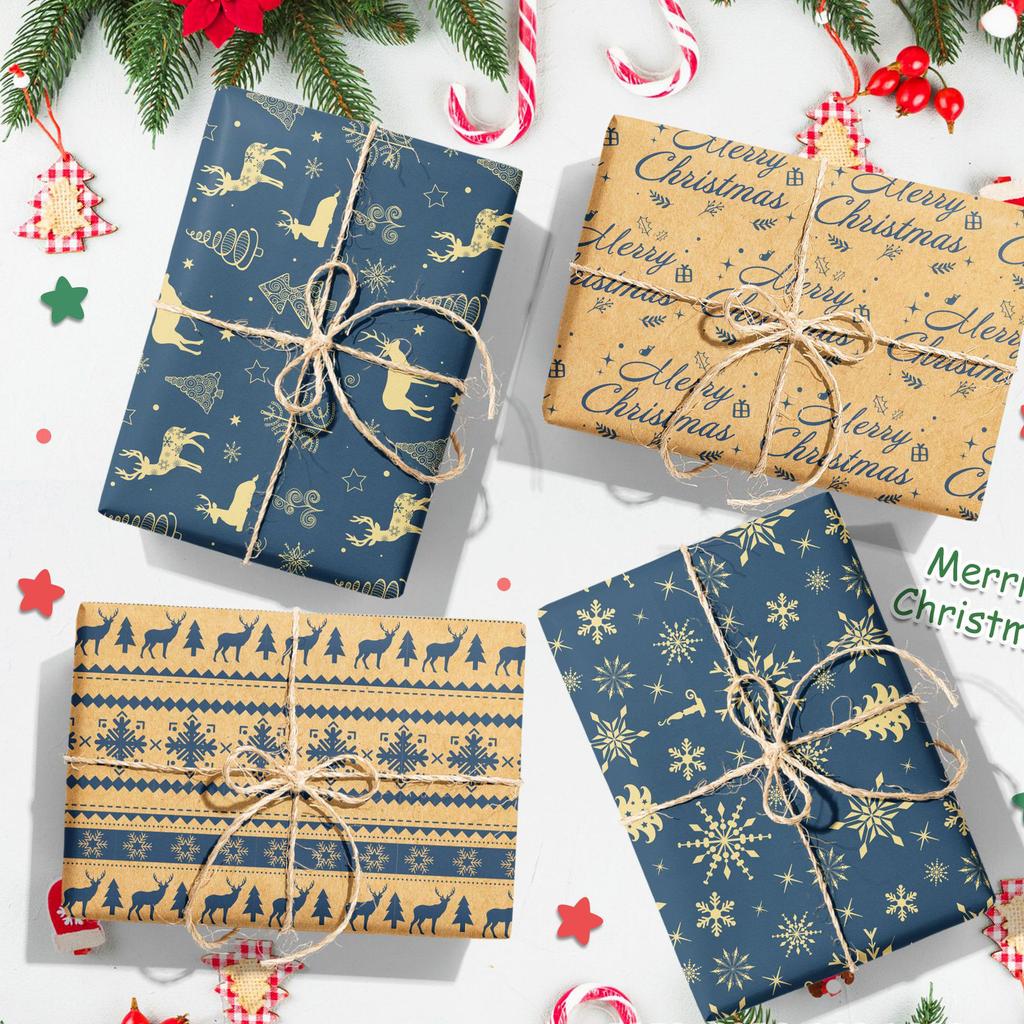 12 Sheets/set Christmas Wrapping Paper Reindeer Snowflakes Christmas Tree Pattern Kraft Paper Festival Gift Decorative Paper