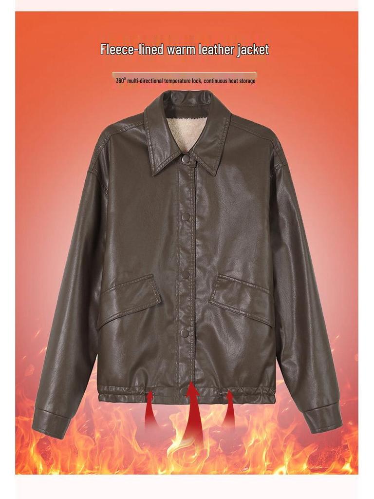 Women's 2025 Slimming Fleece-Lined PU Leather Motorcycle Jacket - Spring/Autumn Fashion