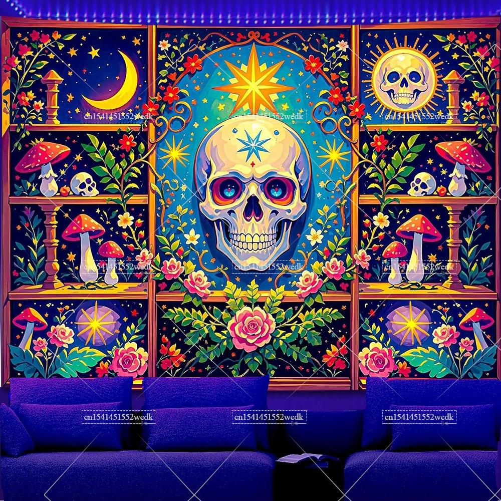 Magic Bookshelf Blacklight Tapestry UV Reactive Skull Library Neon Tapestrys Aesthetic Witchy Alchemy Fluorescent Tapestries