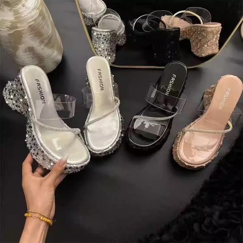 Thick-bottomed wedge slippers women's new summer outer wear fashion sequins transparent one-word set toe high-heeled sandals women