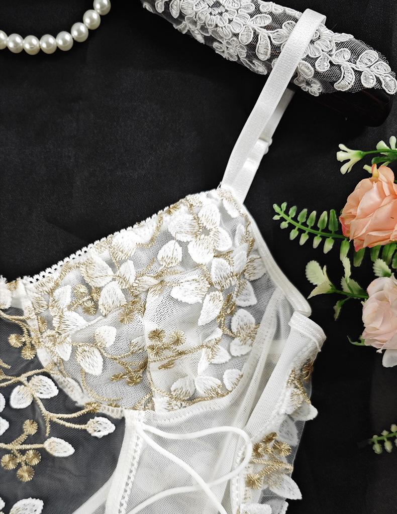 Damers spetsbroderi mesh rygglös body med dragsko i midjan