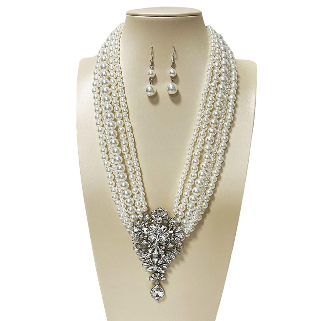 Sparkling Multi Layer Faux Pearls Necklace And Earrings Set With Crystal Accent For Evening Party Elegant Jewelry Gift