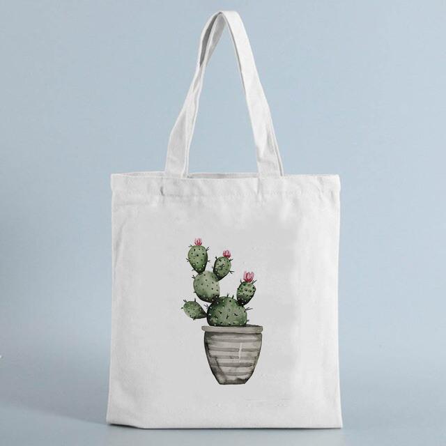 Tote Shopping Bag Cactus Drawing Print Reusable Ladies Canvas Shopper Bags Student Book Bag Female Eco Foldable Cute Bag Fashion