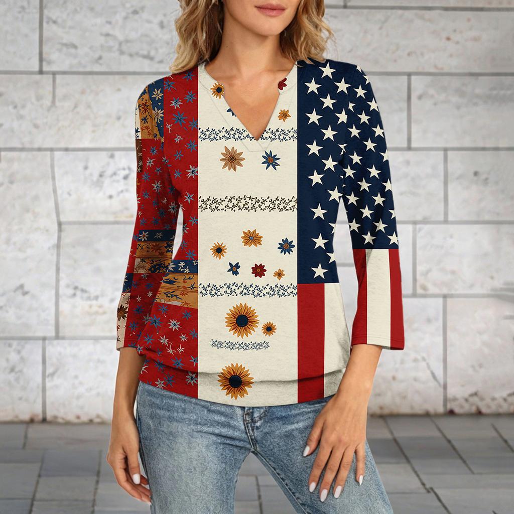 Women's 3/4 Sleeve Neck Hem V-Neck Summer Casual Base Top Independence Day Printed Top